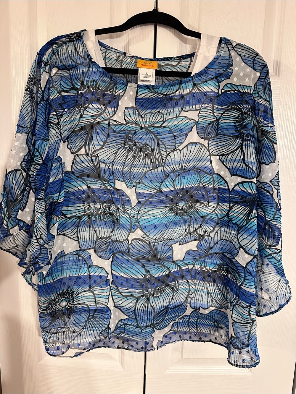 Ruby Rd. Blue & White Floral Sheer Blouse